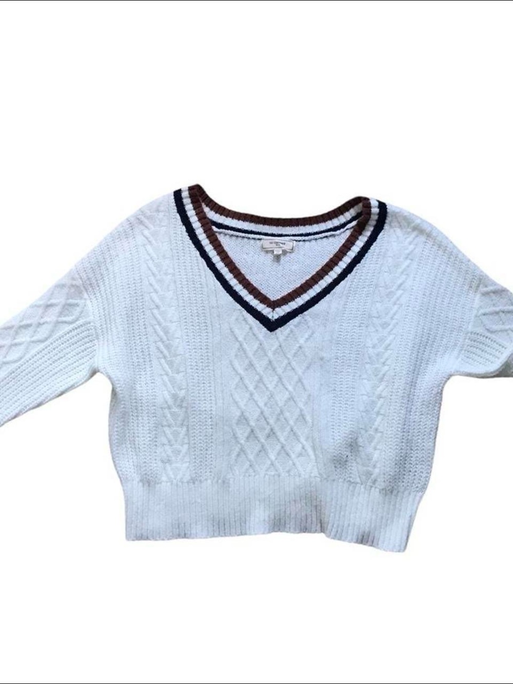 White V-Neck Cable Knit Sweater with Navy & Brown Trim